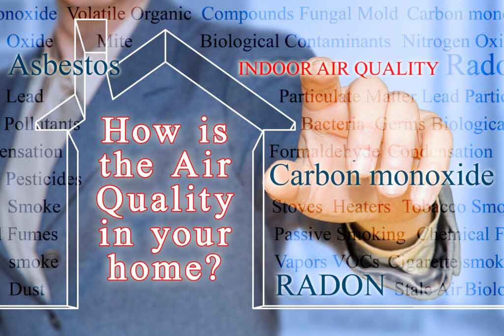 A man in a suit pointing to the phrases "Indoor air quality," "carbon monoxide," and "radon."