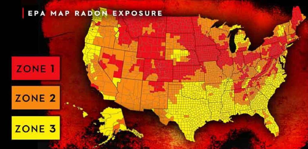 A map of the united states showing radon exposure zones